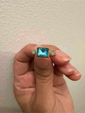 Gold Ring with Blue Rectangular Gem and Aqua Accents
